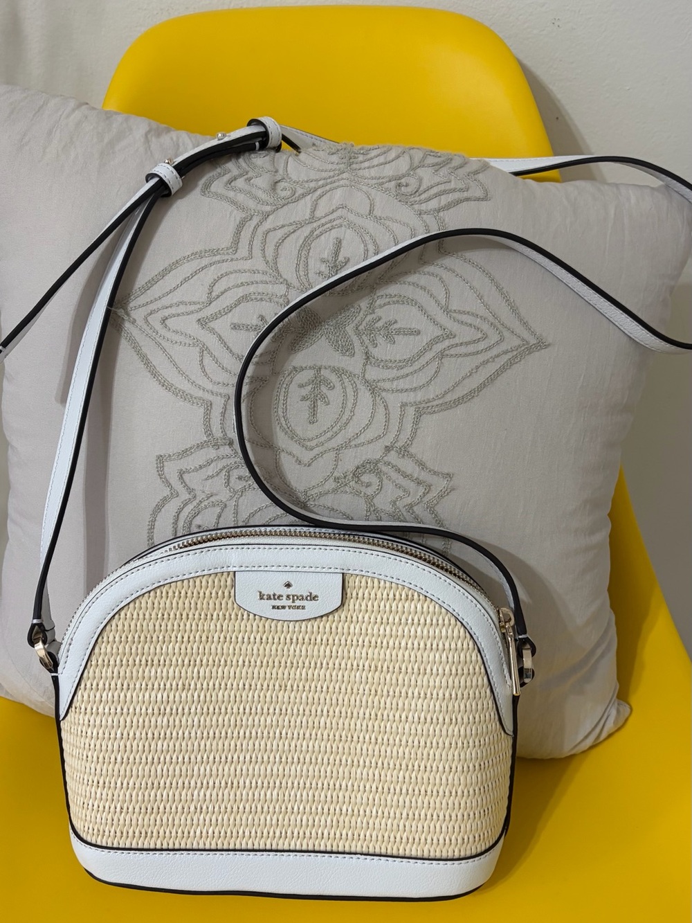 kate spade Straw and White Crossbody Bag with Black Trim